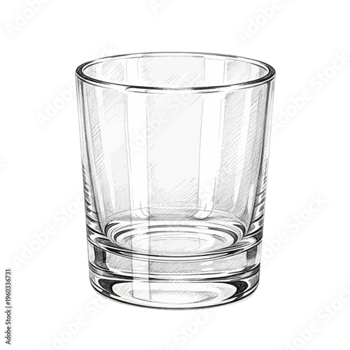 Empty glass tumbler, clear, isolated on white, sketch style