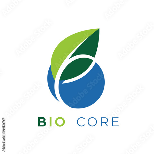 Contemporary logo with a green leaf and blue organic shape, symbolizing natural growth, wellness, and core values for biotechnology, health, and sustainable businesses