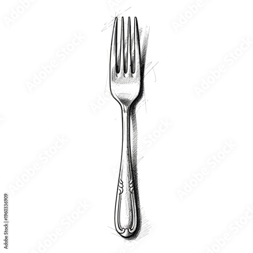 Hand-drawn illustration of a vintage silver fork on a white background