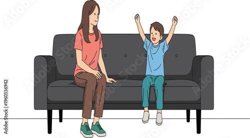 Vector, illustration, of, a, happy, mother, and, young, son, sitting, together, on, a, dark, sofa, at, home, celebrating, together