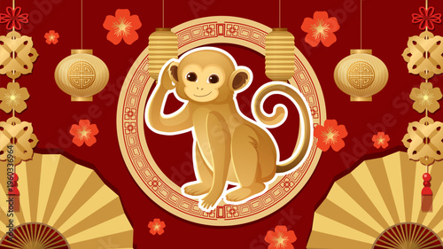 Chinese Zodiac Monkey Illustration with Traditional Red and Gold Background