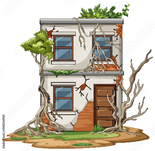 Two-Story Abandoned House Overtaken by Tree Roots