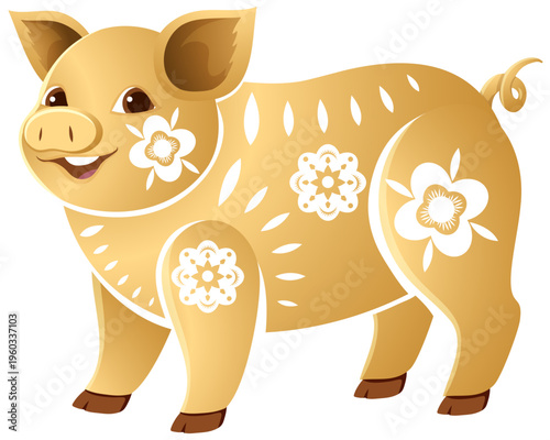 Golden Chinese Zodiac Pig Vector Illustration with Floral Patterns