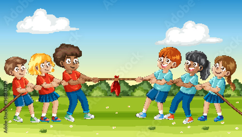 Diverse Group of Children Playing Tug of War in a Park