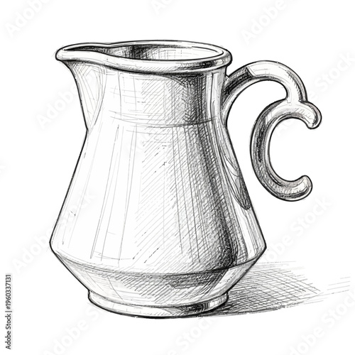 Hand-drawn sketch of a vintage metal creamer pitcher with handle and spout
