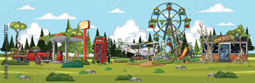 Abandoned Rural Amusement Park with Gas Station and Plane