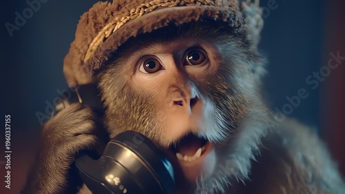 Surprised Monkey Wearing a Hat Talking on a Vintage Telephone