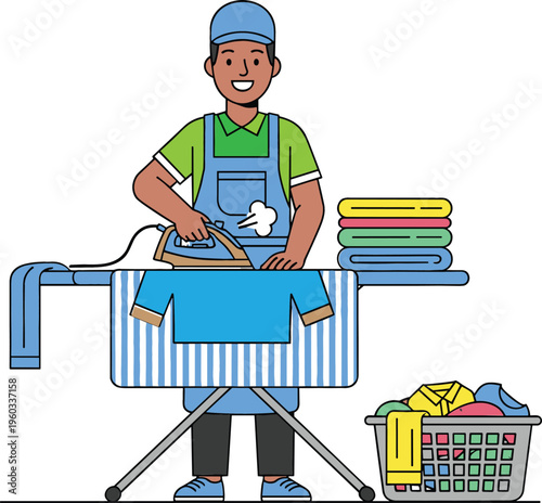 Man ironing clothes with laundry basket, vector illustration of household chore and laundry service worker