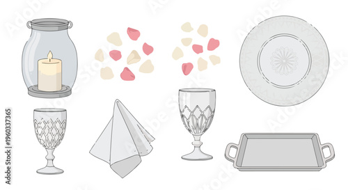 Flat lay illustration of a romantic dinner setting with candles, wine glasses, plate, napkin, and serving tray on a white background with a warm and intimate mood.