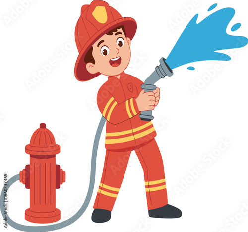 Vector, illustration, of, a, happy, young, boy, dressed, as, a, firefighter, spraying, water, from, a, hose, with, a, hydrant