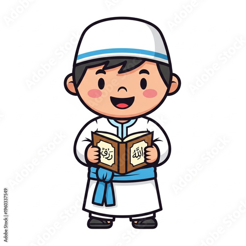 Young Muslim Reading Quran: A cheerful cartoon illustration of a young Muslim boy holding and reading the Quran, demonstrating faith and devotion.