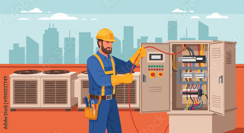 Electrical worker in safety gear performing maintenance on an outdoor electrical panel, vector illustration of industrial worker