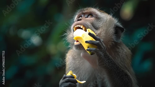 Wild Macaque Monkey Eating a Fresh Yellow Banana in the Forest