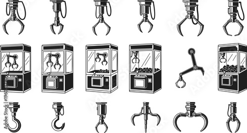 Claw machine arcade set with robotic grabbers, hooks and prize cranes, vending game equipment collection for entertainment, amusement park, toy catcher vector illustration