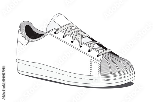 Line art illustration of a classic low-top sneaker with a shell toe design. The shoe features detailed stitching, laces, and a rubber sole, captured in a clean black-and-white vector style. Ideal for 
