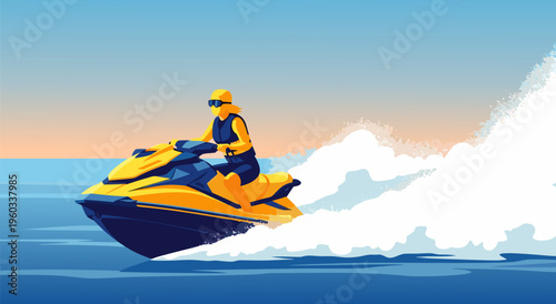 Dynamic vector illustration of a person enjoying a thrilling jet ski ride on a sunny day, creating a splash of water
