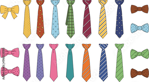 Vector collection of colorful neckties and bow-ties with various patterns and styles.