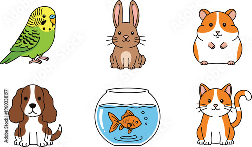 Vector set of cute cartoon pet animals including dog, cat, bird, and rabbit.