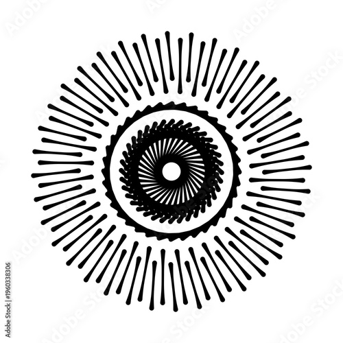 abstract sunburst design featuring radial black lines forming a circular burst pattern on a clean white background. This minimalist geometric illustration creates a dynamic sense of motion and energy,