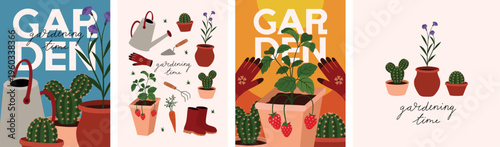 Gardening illustration. With pot, shovel, watering can, flower, boots, gloves, cactus, carrot, strawberry. Vector design for poster, art print, book cover, card.