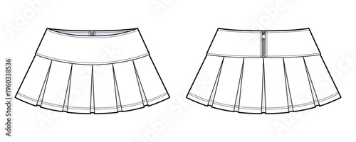 Women's High Waisted Pleated Mini Skirt Technical Flat - Tennis Skirt Fashion Vector Template with Back Zip
