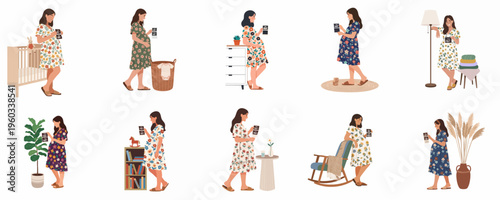 Collection of flat illustrations showing a happy pregnant woman holding an ultrasound scan in various domestic settings, nurseries, and cozy home environments.