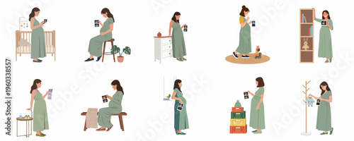 Pregnant Woman Holding Ultrasound Scans in Various Home Nursery Settings Illustration Set