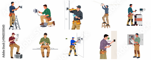 Set of professional electricians and technicians installing smart home systems, security devices, and electrical panels in various indoor settings.