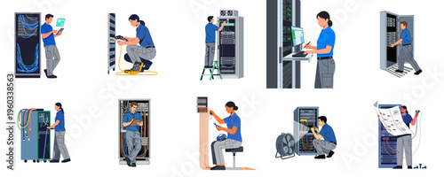 Set of IT Technicians and Network Engineers Working with Server Racks, Managing Cables, and Maintaining Hardware in a Data Center Environment.