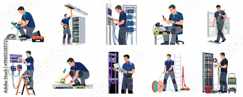 Set of illustrations showing professional technicians installing, repairing, and managing cables and equipment in a modern data center environment.