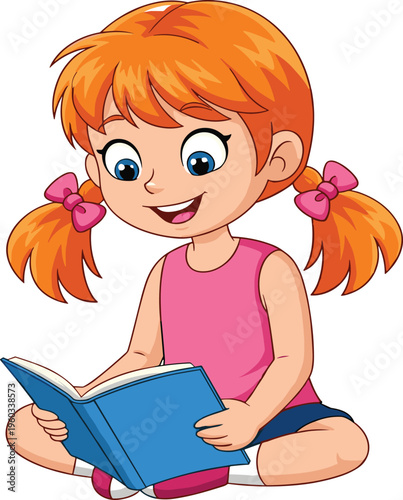 Vector, illustration, of, a, happy, young, girl, with, orange, pigtails, sitting, cross-legged, and, reading, an, interesting, blue, book, for, education