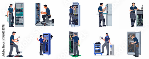 A diverse collection of technicians performing maintenance, repairs, and installations on server racks and networking equipment in a modern data center environment.