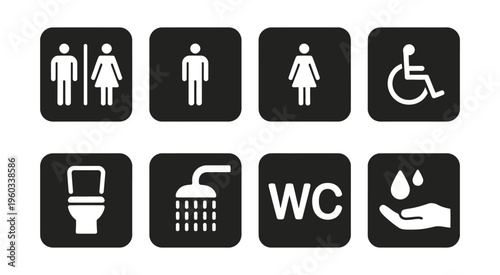 Restroom sign icon set, vector illustrations of toilet symbols representing male, female, and unisex facilities, clean and minimal design for public signage and wayfinding.