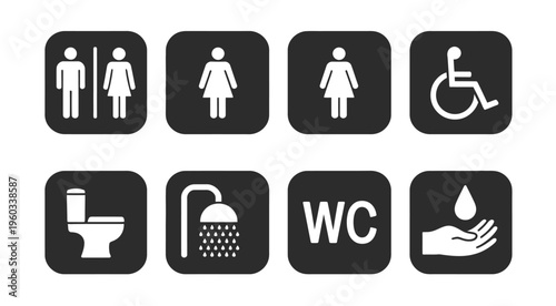 Toilet symbol collection, restroom vector icons for men, women, and accessible facilities, suitable for signage, maps, and public space design projects.