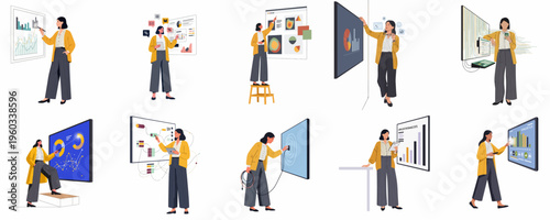 Set of business woman illustrations analyzing data, using digital screens, dashboards, and charts for professional corporate presentations and data visualization tasks.