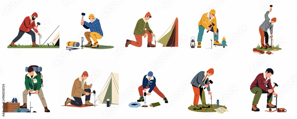 Fototapeta premium Collection of Flat Vector Illustrations Showing Men Pitching Tents and Setting Up Camp for an Outdoor Adventure Trip