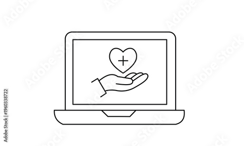 Laptop with hand holding heart cross icon for online medical consultation and digital charity donation.Editable stroke, Vector illustration, Line art Icon, Symbols.