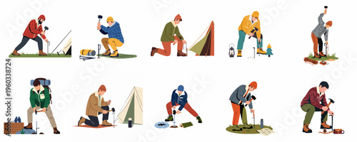 Collection of Flat Vector Illustrations Showing Men Pitching Tents and Setting Up Camp for an Outdoor Adventure Trip