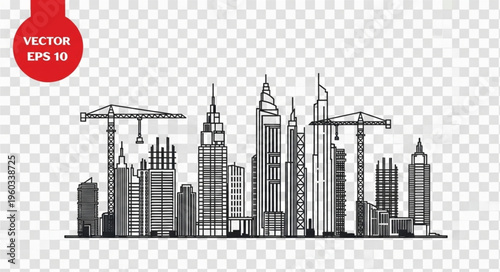Construction site skyline with cranes and buildings under development, urban landscape.