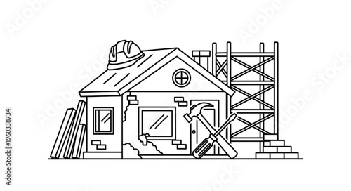 House under construction with tools and scaffolding, renovation concept.