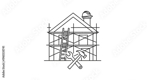 Construction site with scaffolding and tools, house under renovation, building process.