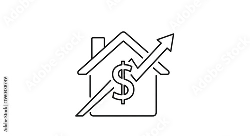 Real estate market growth represented by house and dollar sign with arrow.