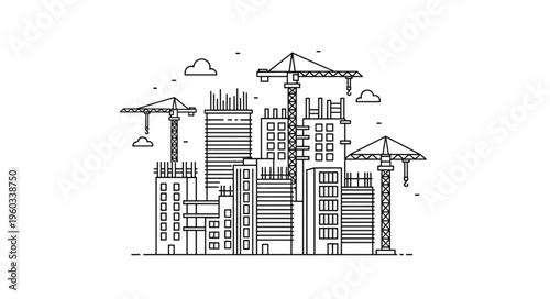 Construction site with cranes and buildings under development, urban landscape.