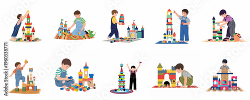 Set of illustrations featuring young boys playing with colorful building blocks, constructing imaginative castles and towers in various playful indoor scenes.