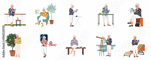 Illustrations of a senior woman using a digital tablet during various travel activities, such as cruises, beach holidays, and relaxing at a cafe.