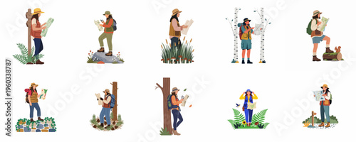 Set of flat illustrations of women hikers exploring nature with maps and backpacks in various outdoor forest and mountain settings.