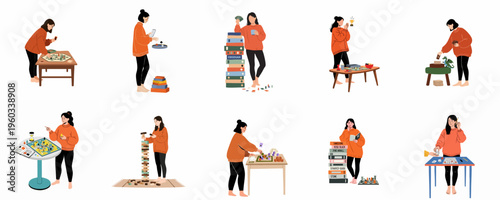 Set of flat vector illustrations of a woman enjoying various board games, strategy games, and tabletop activities in a cozy home environment.