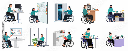 Vector illustration set of a professional woman in a wheelchair working in various office and technical roles, promoting workplace accessibility and diversity.