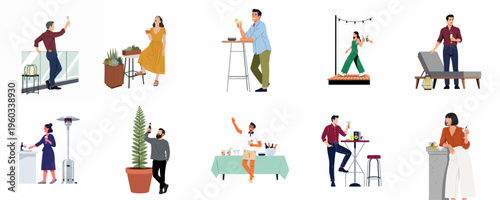 Flat illustration set of diverse people enjoying a social party with drinks, cocktails, and snacks in various outdoor and indoor settings.
