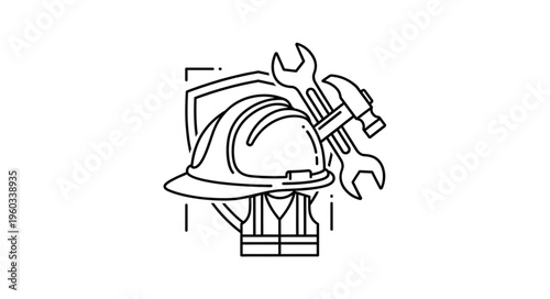 Construction worker tools and safety equipment, hard hat, wrench, hammer, and vest.